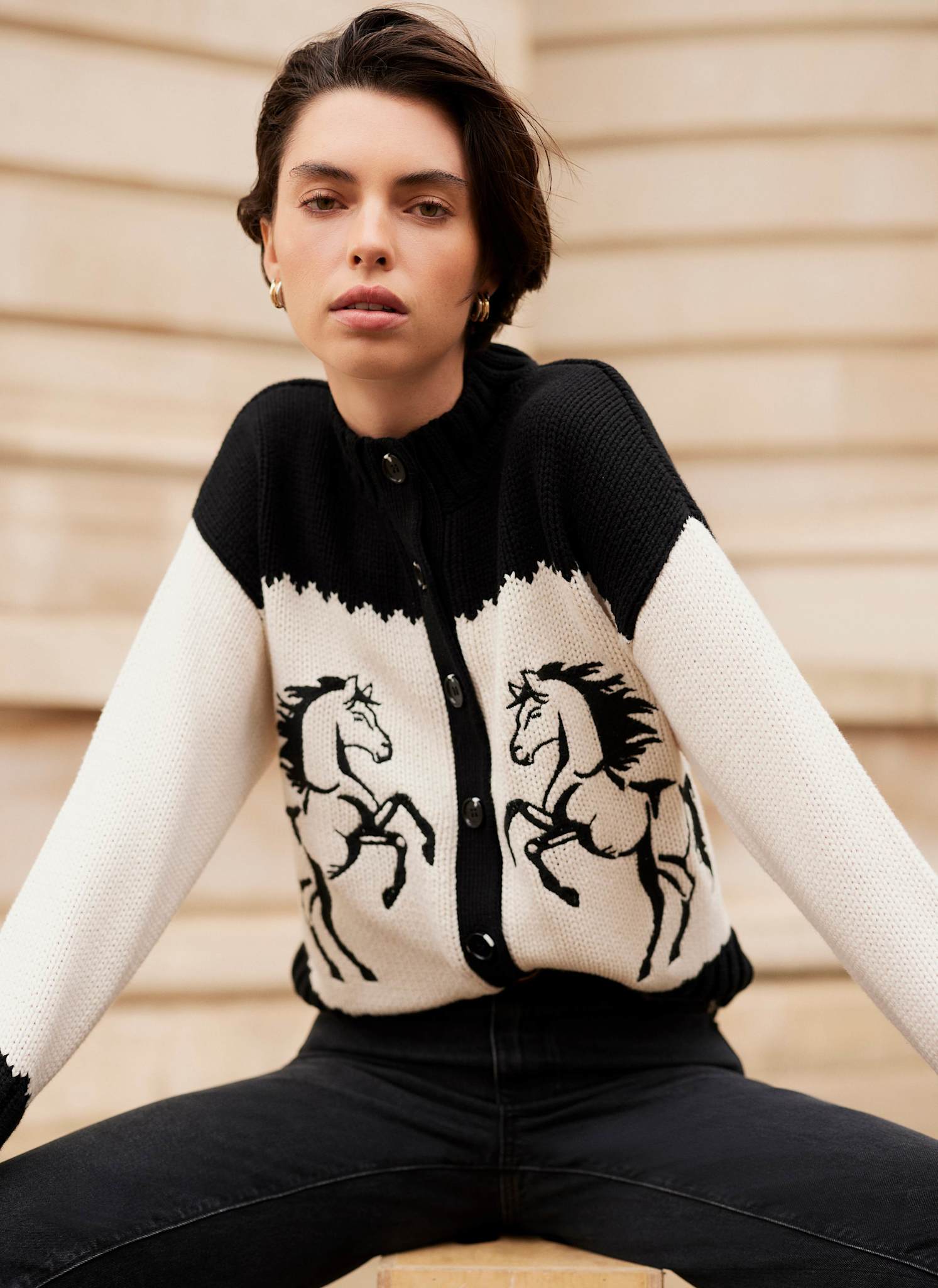 Black Cotton Blend Horse Cardigan