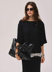 Black Satin Lace Trim Top