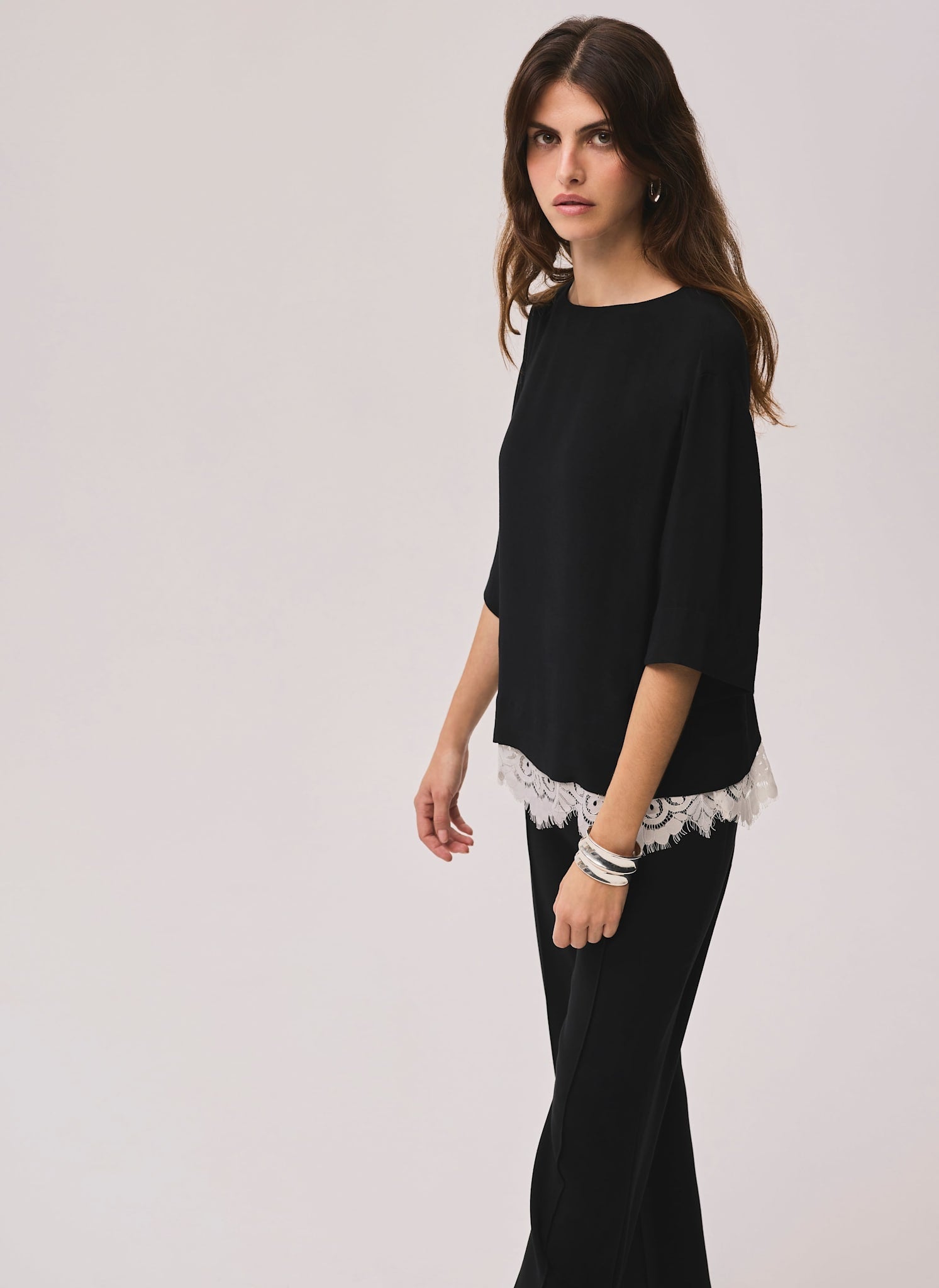 Black Satin Lace Trim Top