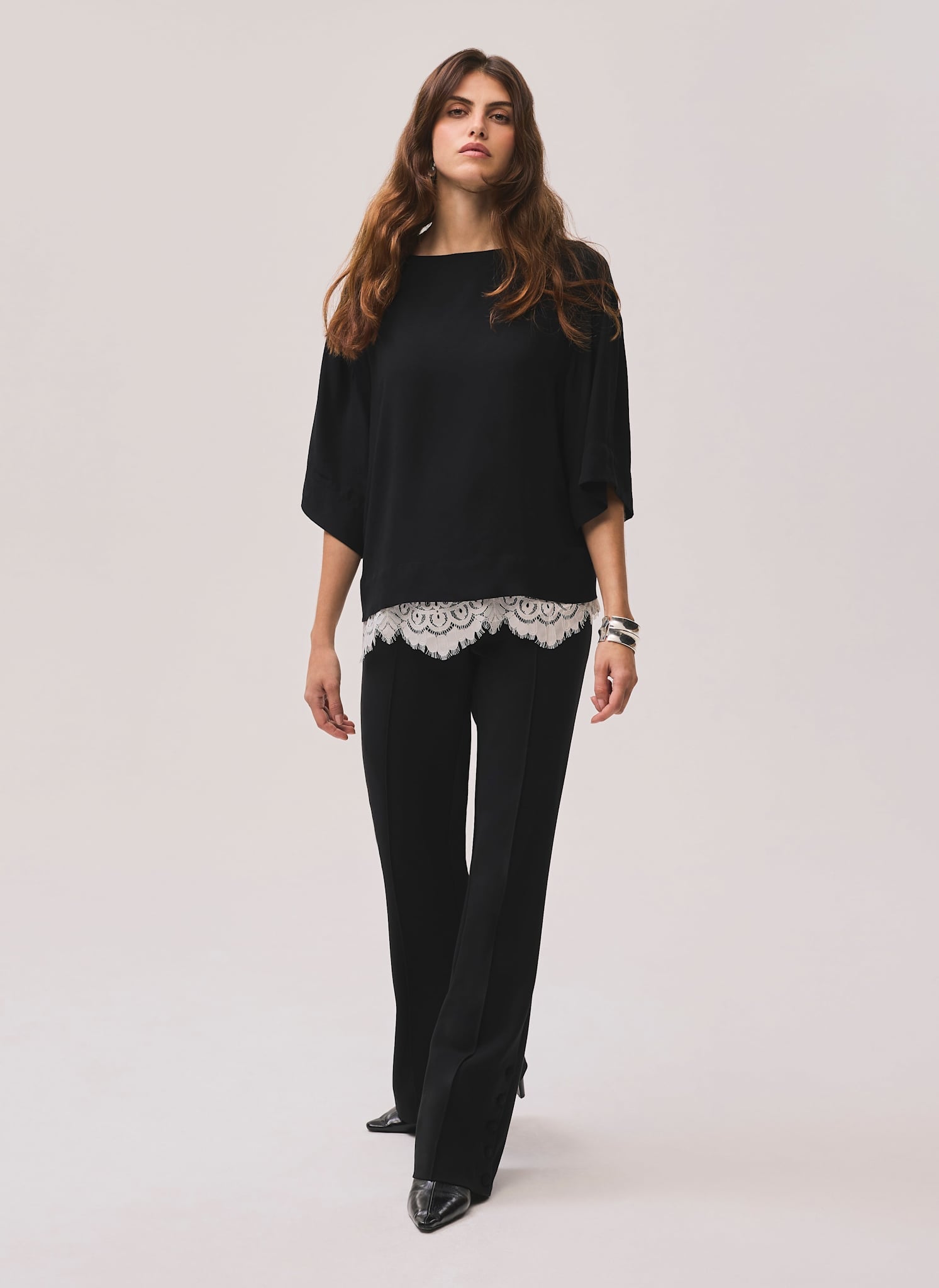 Black Satin Lace Trim Top