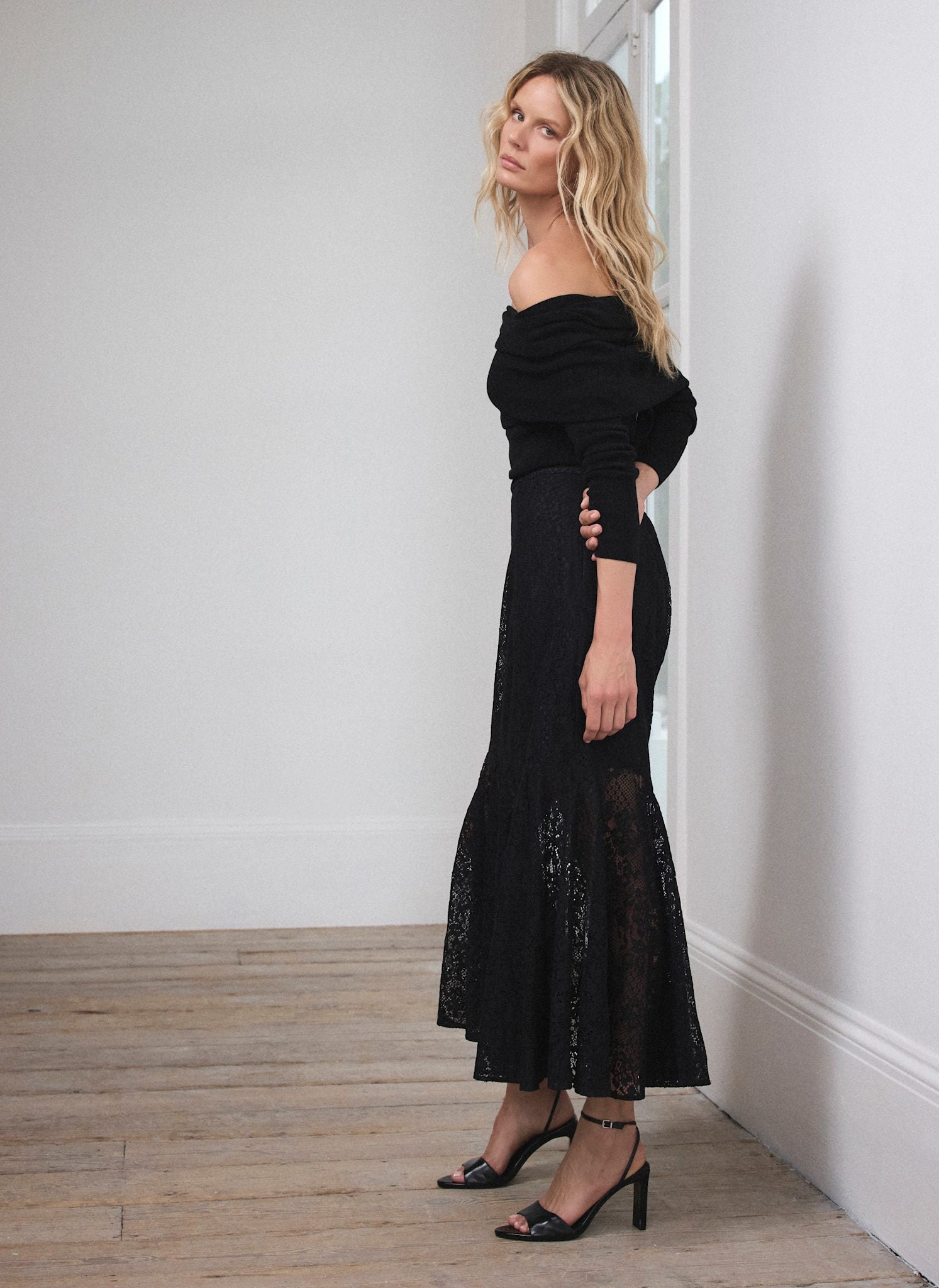 Black Lace Fluted Sheer Midi Skirt