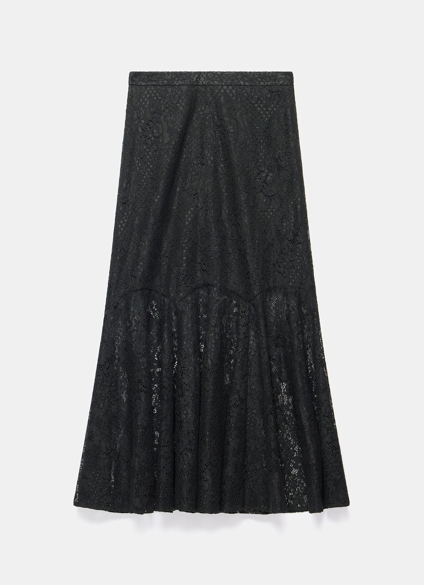 Black Lace Fluted Sheer Midi Skirt