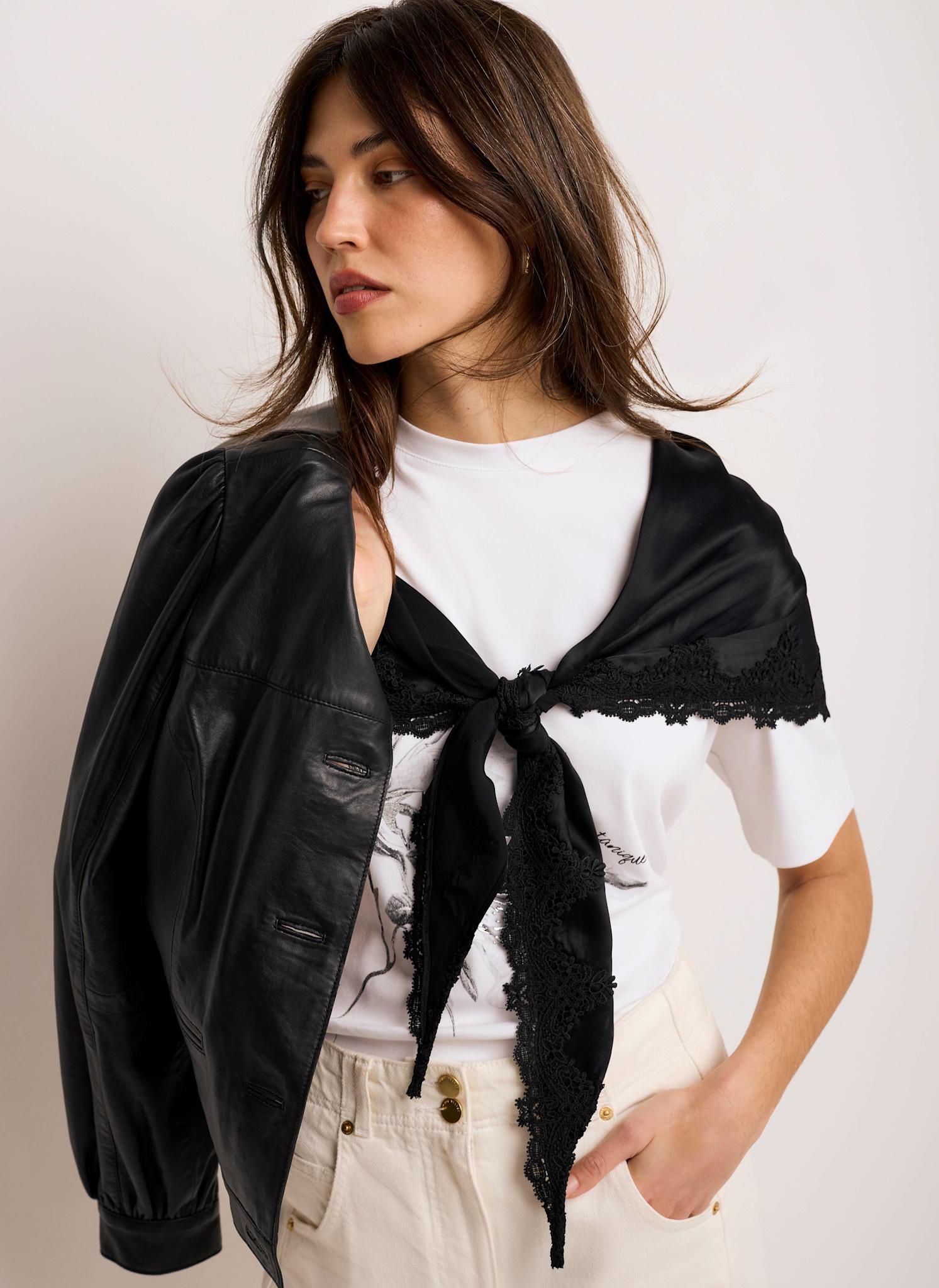 Black Satin Lace Trim Scarf