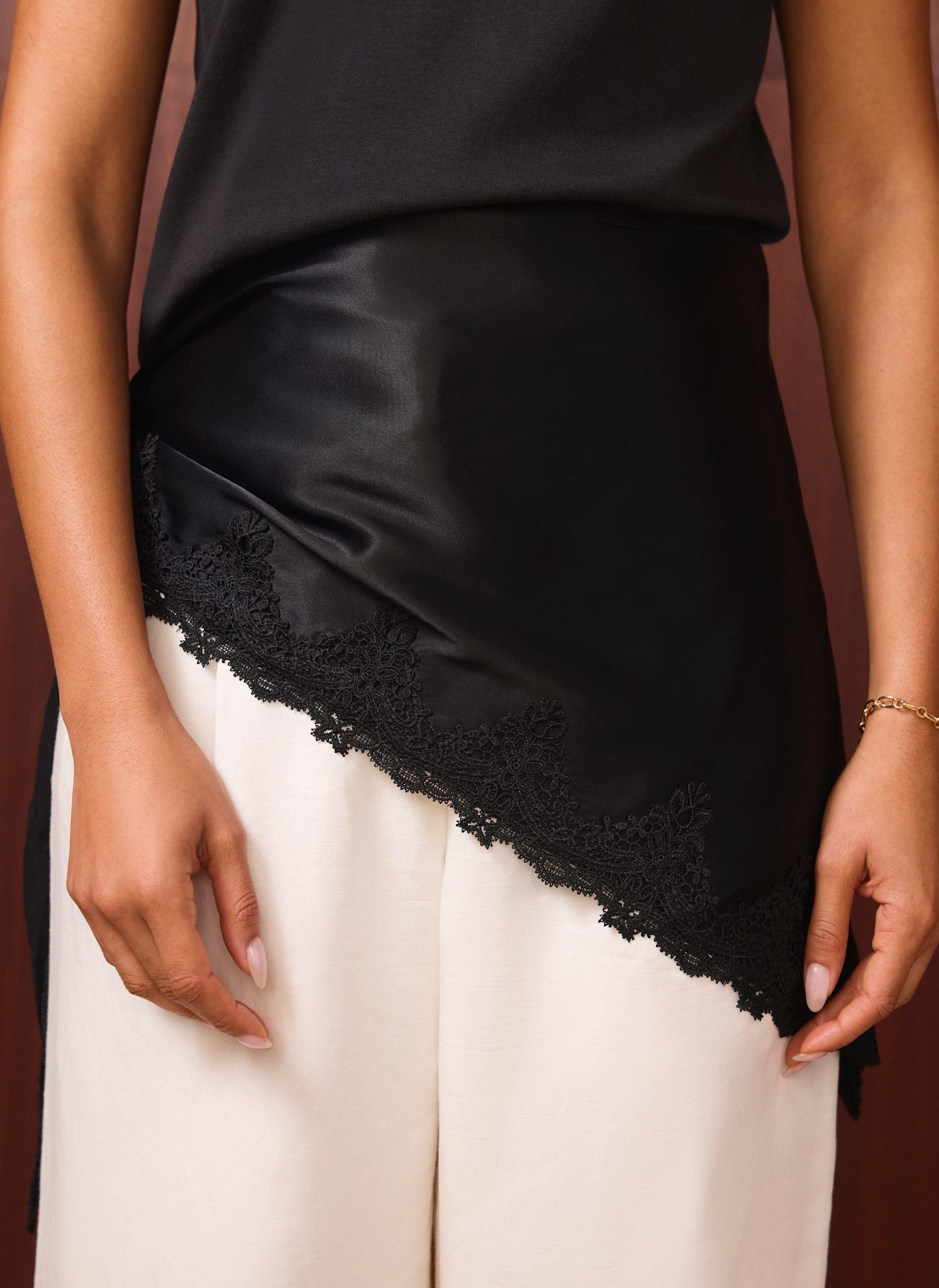 Black Satin Lace Trim Scarf