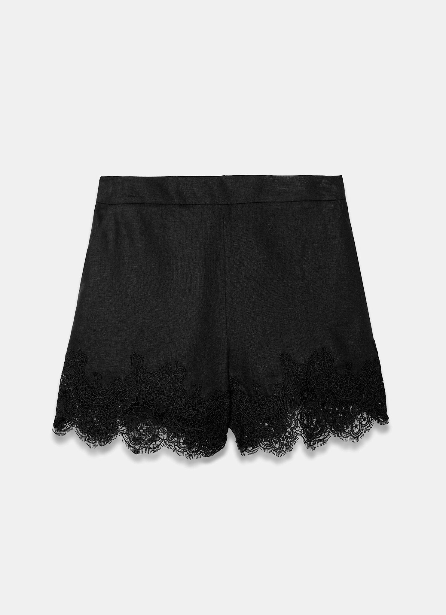 Black Linen Lace Trim Shorts