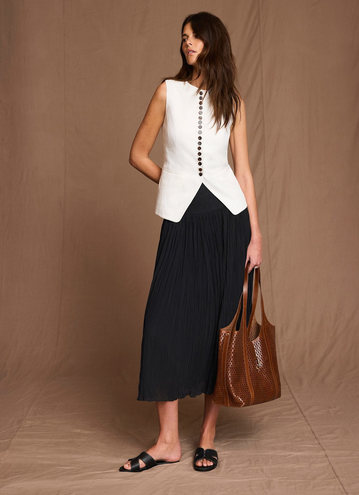 Black Drop Waist Crinkle Midi Skirt