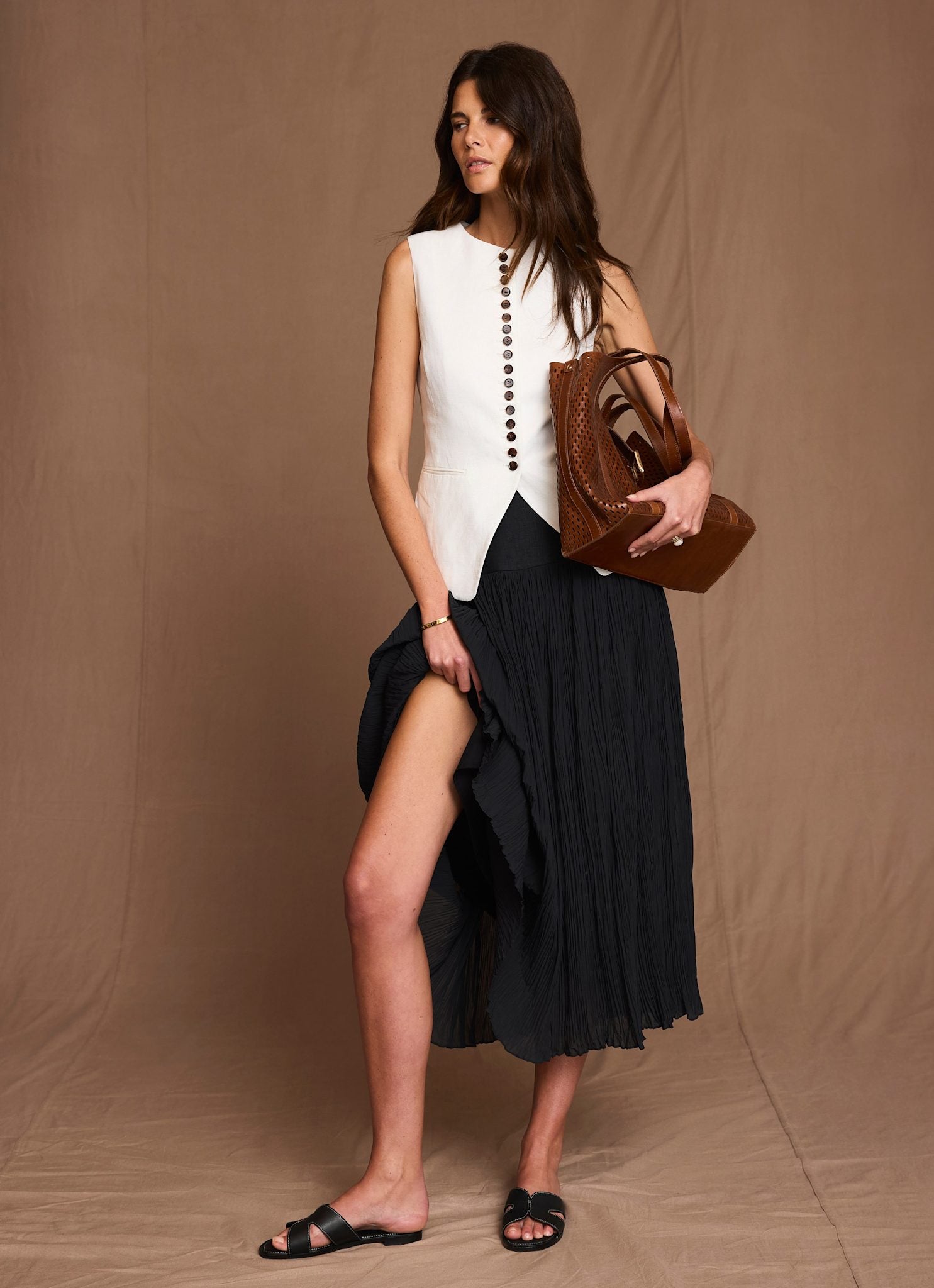 Black Drop Waist Crinkle Midi Skirt