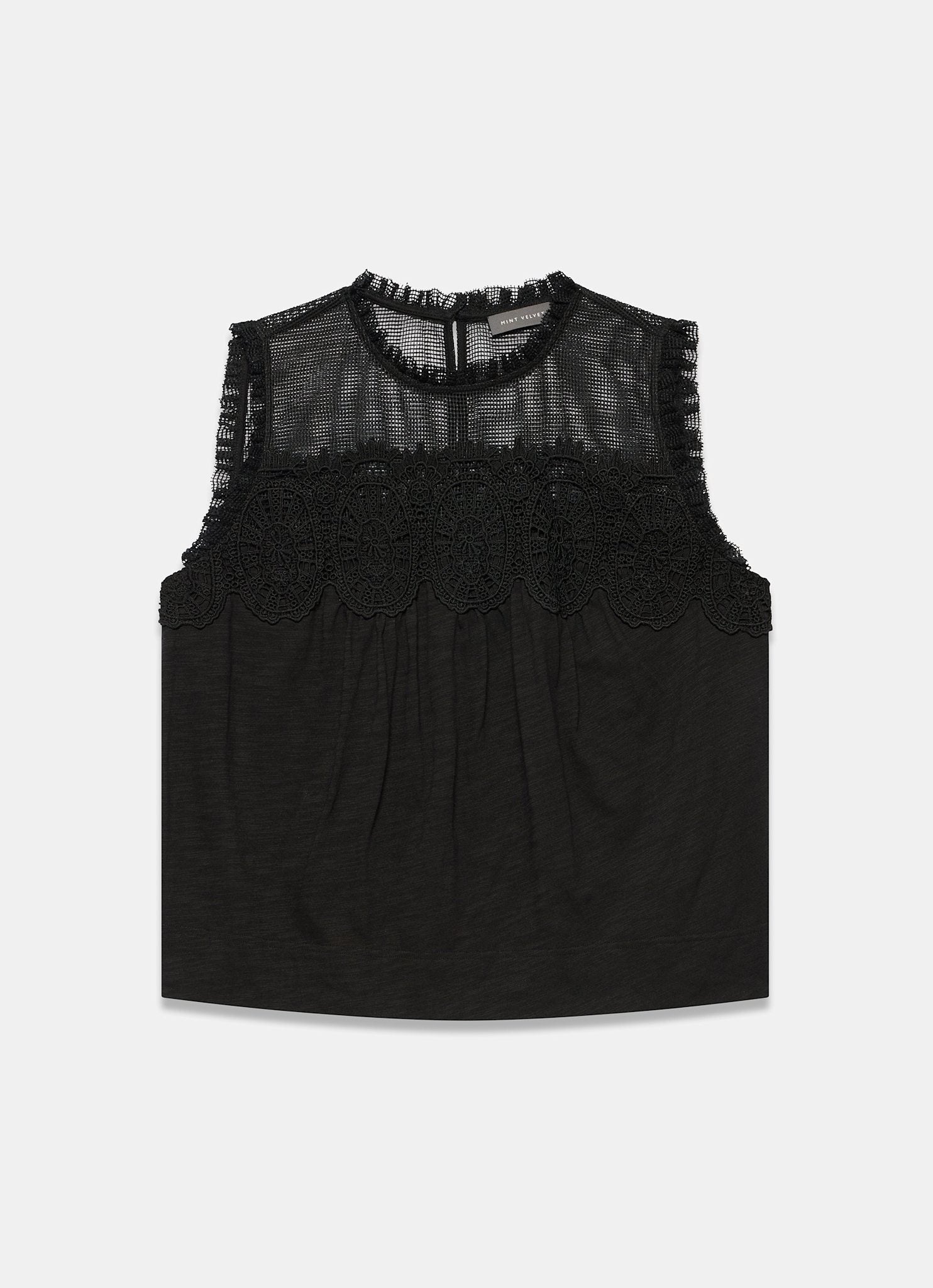 Black Cotton Blend Lace Applique Top