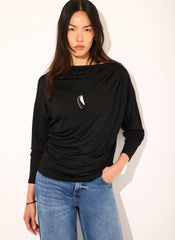 Black Ruched Detail Batwing Top