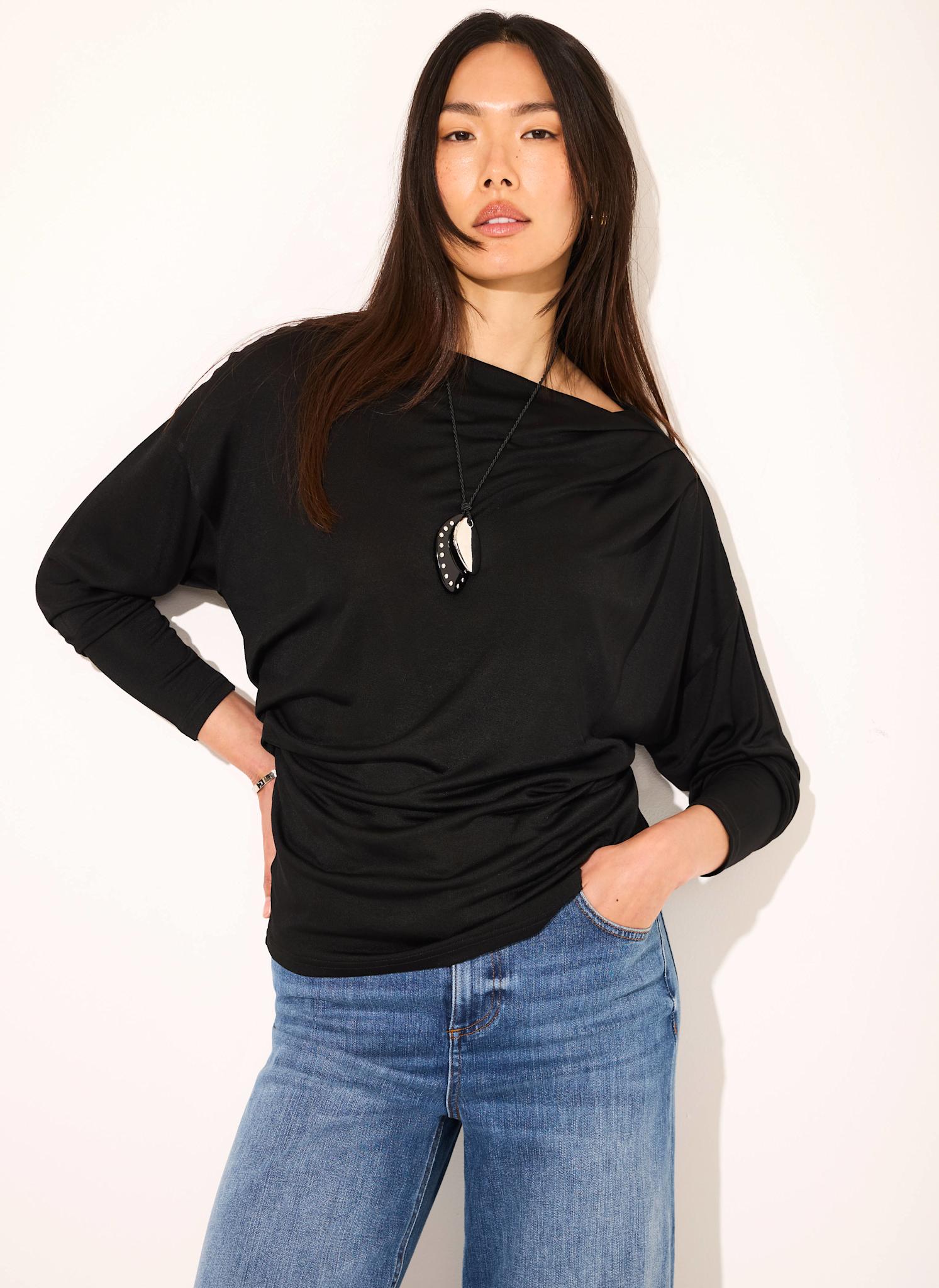 Black Ruched Detail Batwing Top