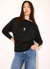 Black Ruched Detail Batwing Top
