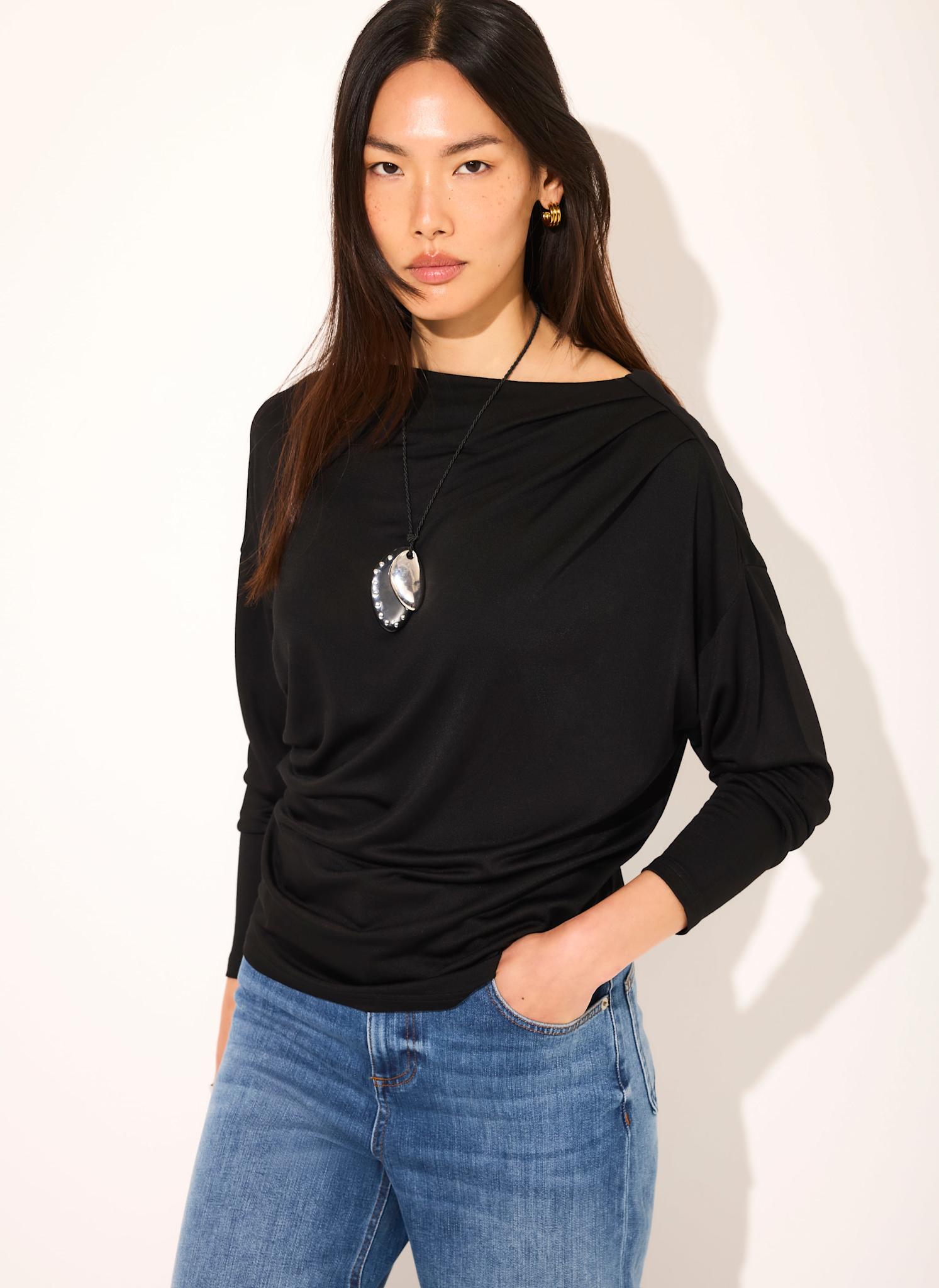Black Ruched Detail Batwing Top