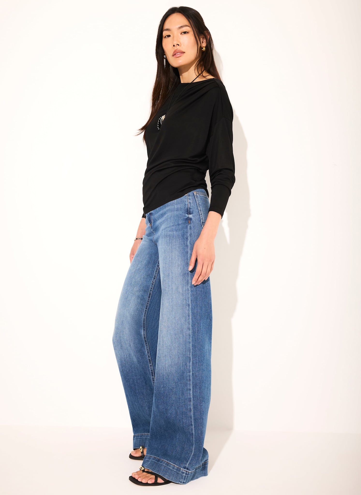 Black Ruched Detail Batwing Top
