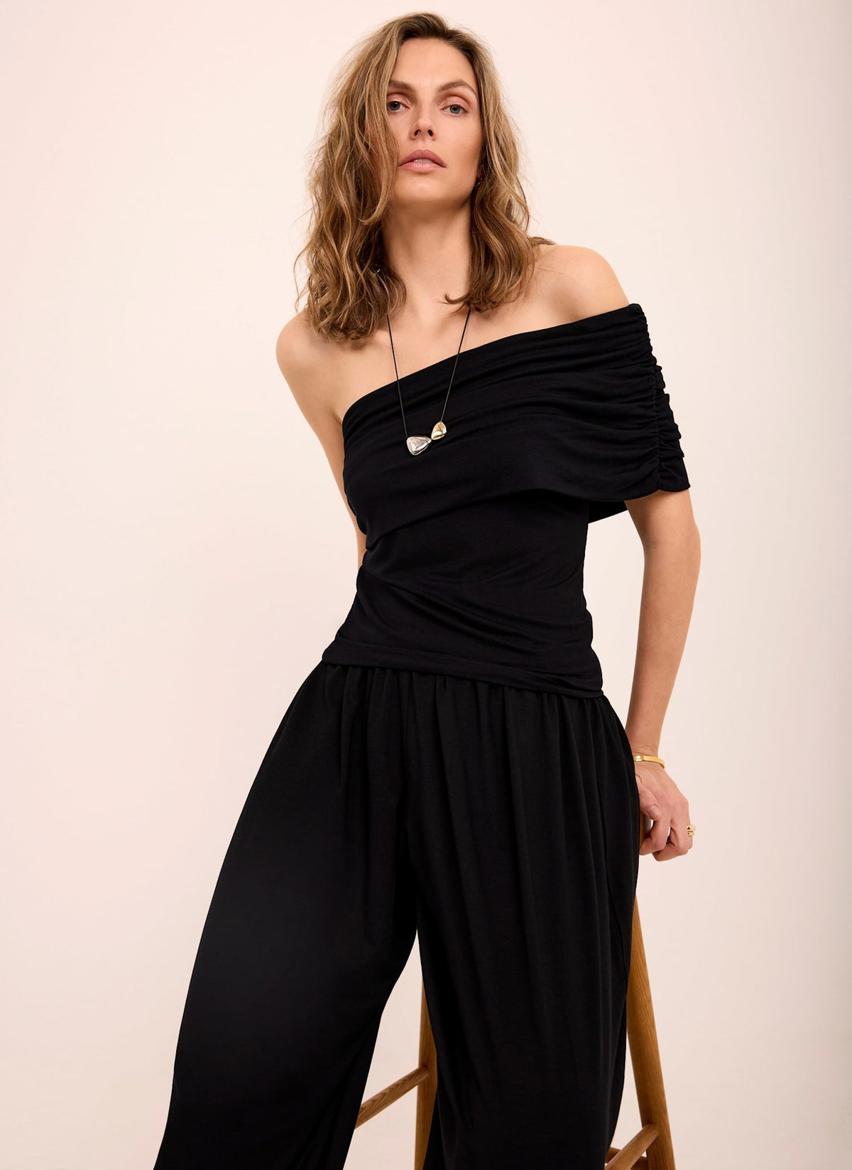 Black One Shoulder Draped Top