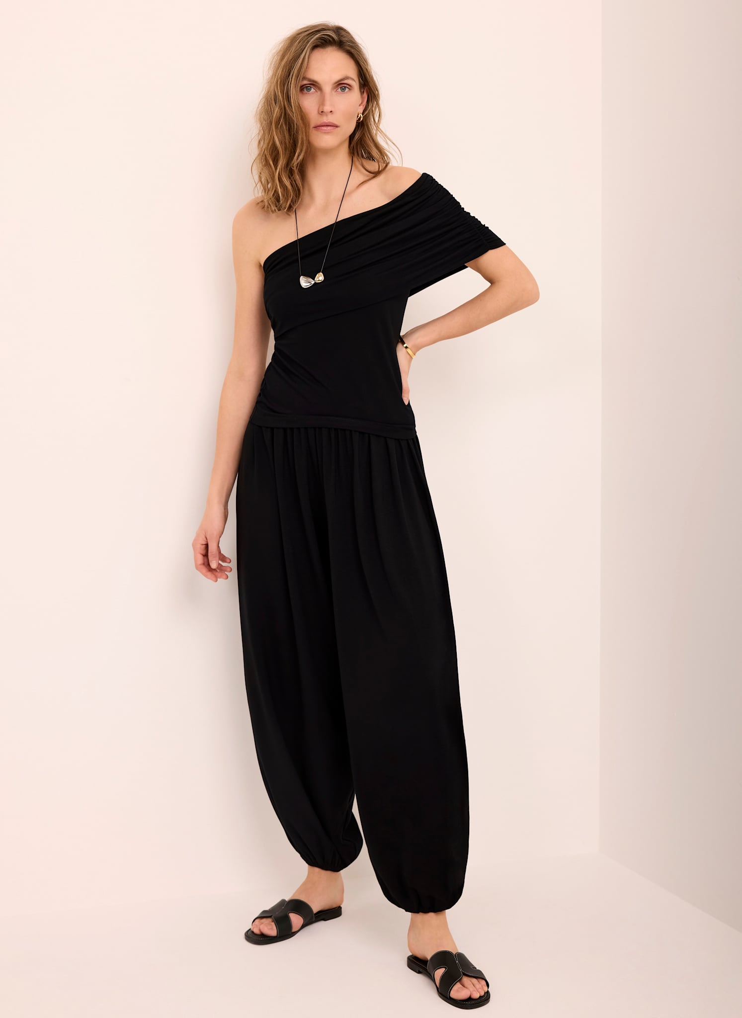 Black One Shoulder Draped Top