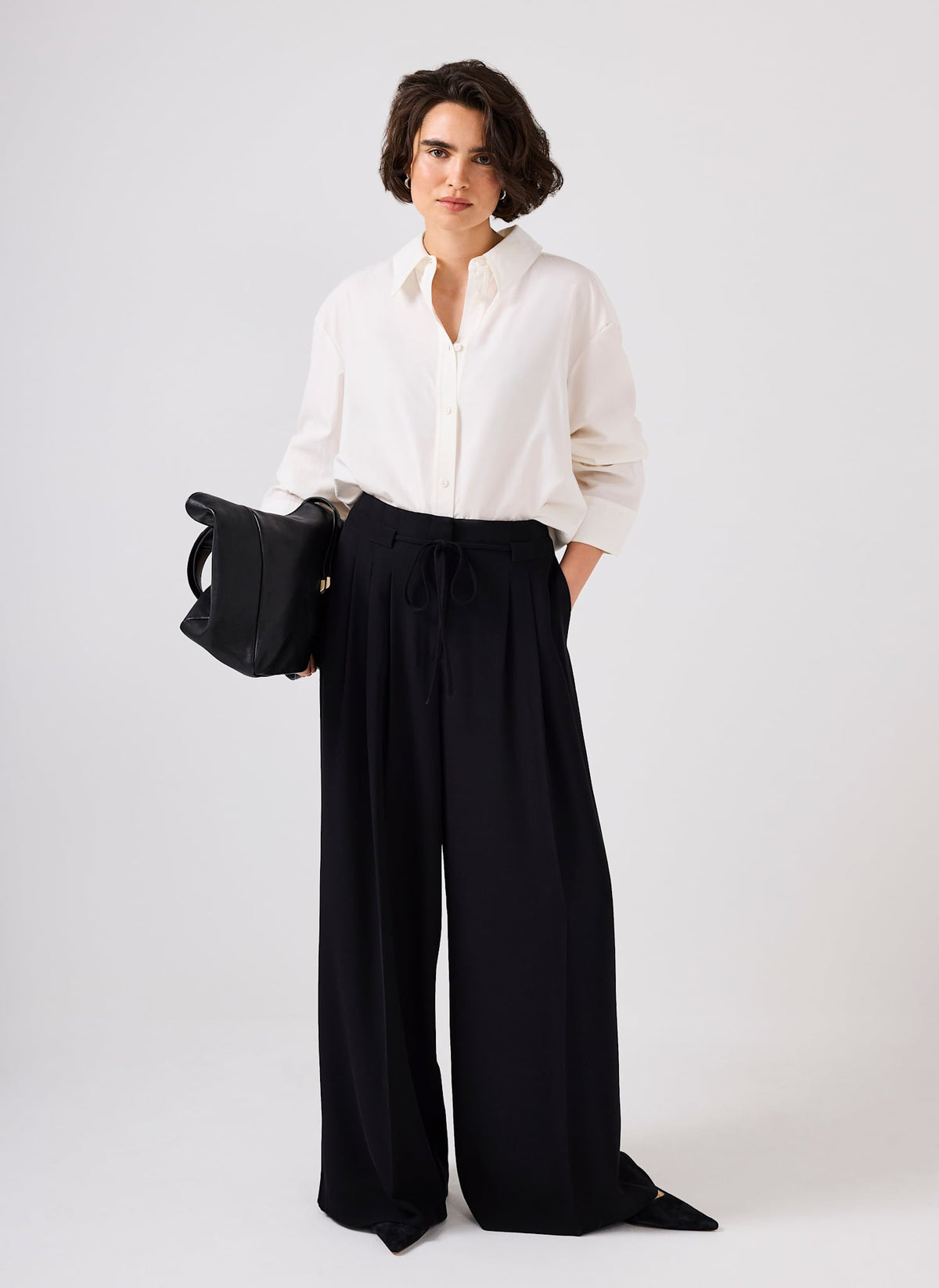 Black Tie Waist Pleated Wide Trousers