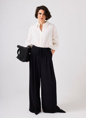 Black Tie Waist Pleated Wide Trousers