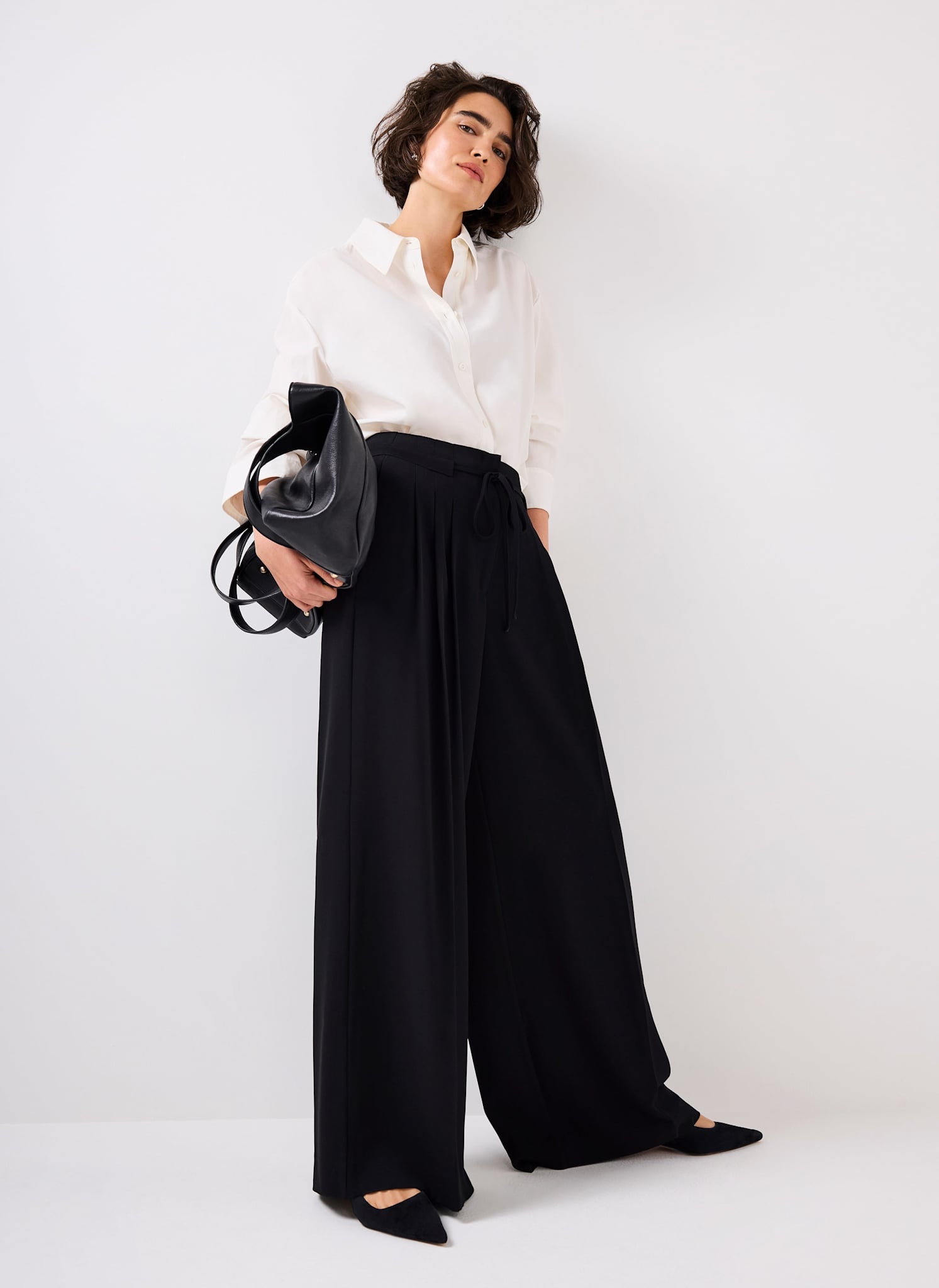 Black Tie Waist Pleated Wide Trousers