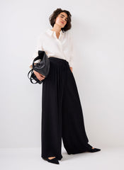Black Tie Waist Pleated Wide Trousers