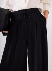 Black Tie Waist Pleated Wide Trousers