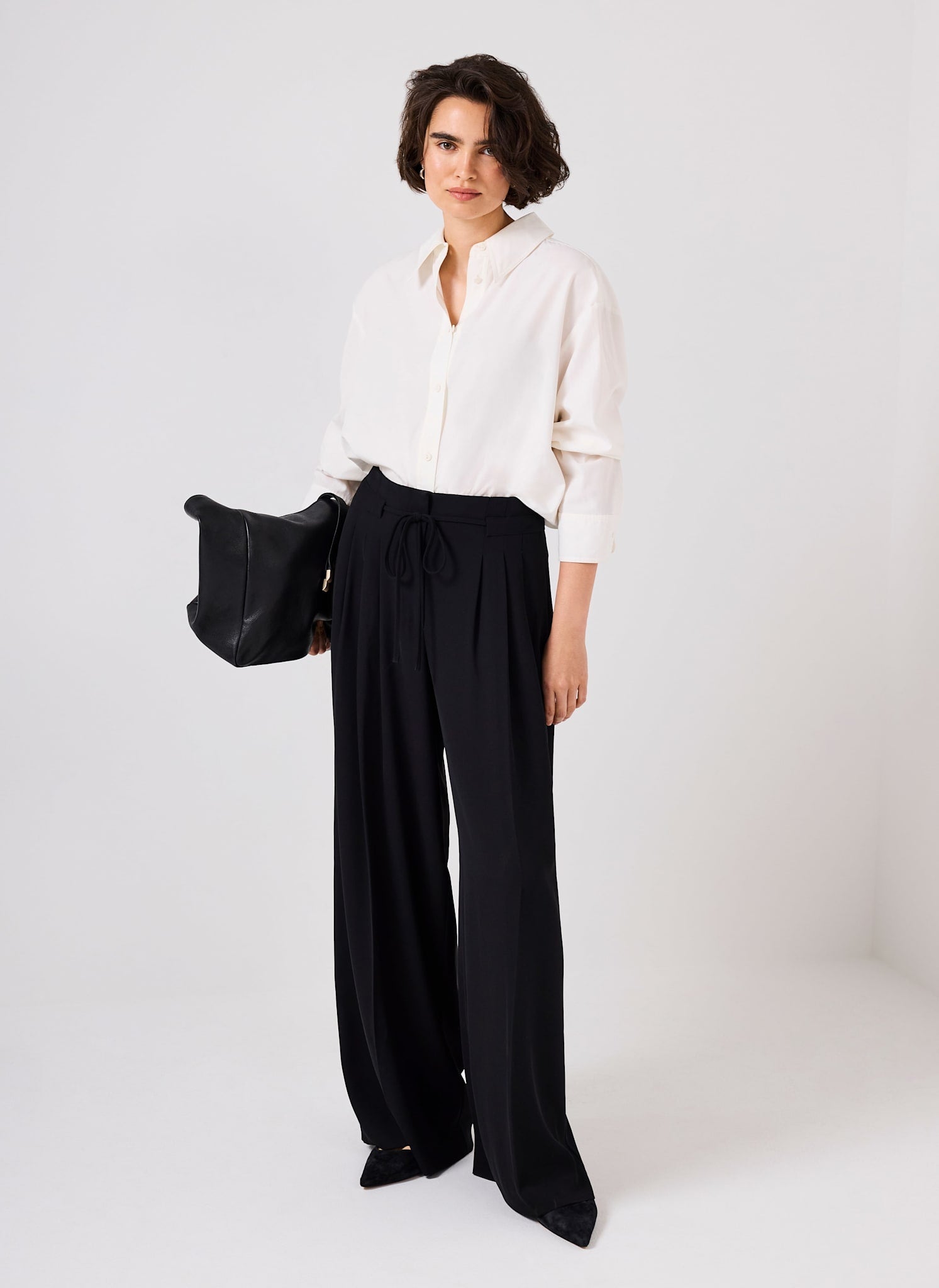 Black Tie Waist Pleated Wide Trousers