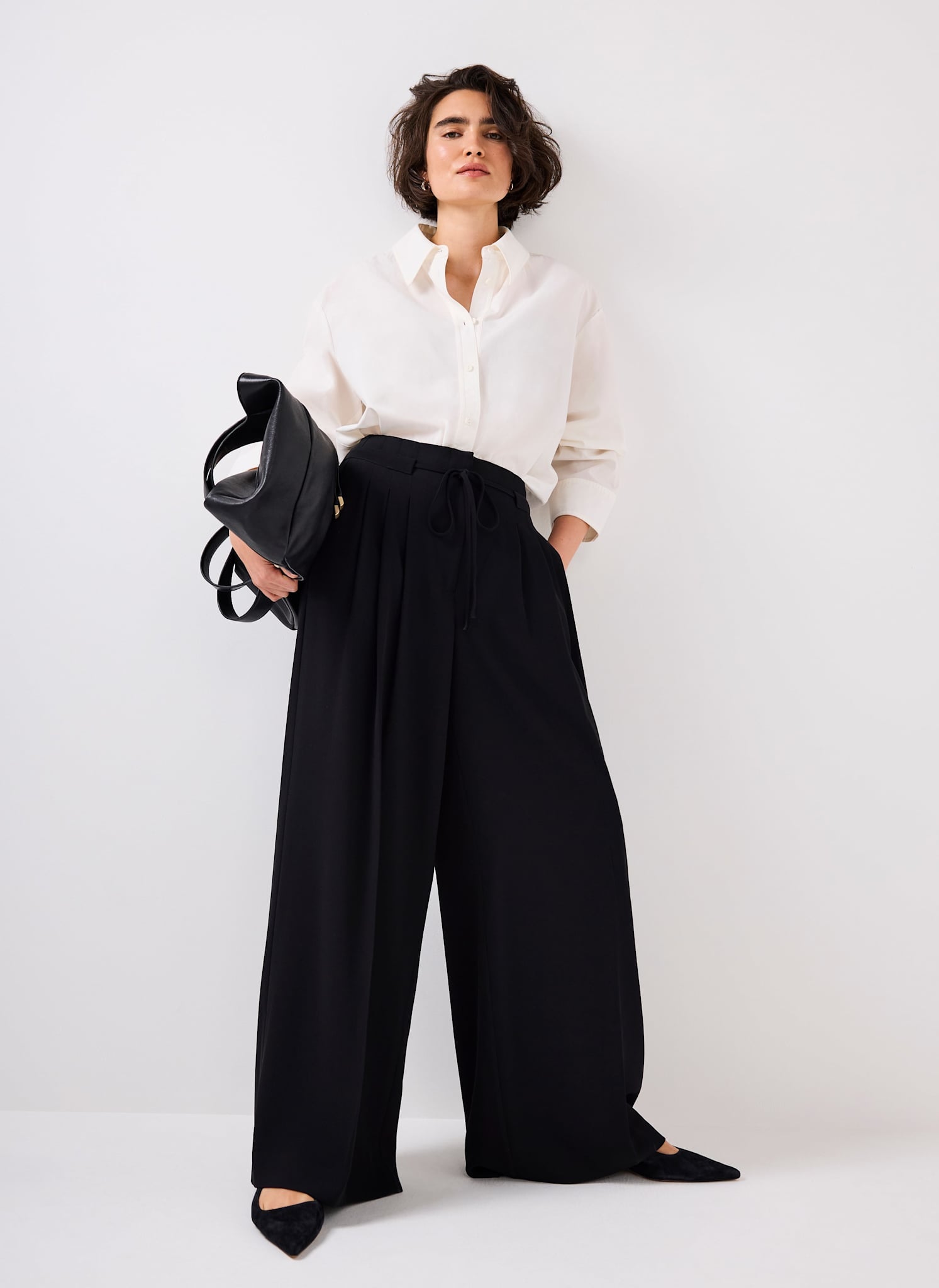 Black Tie Waist Pleated Wide Trousers