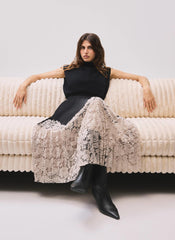 Black Pleated Lace Hem Midi Skirt