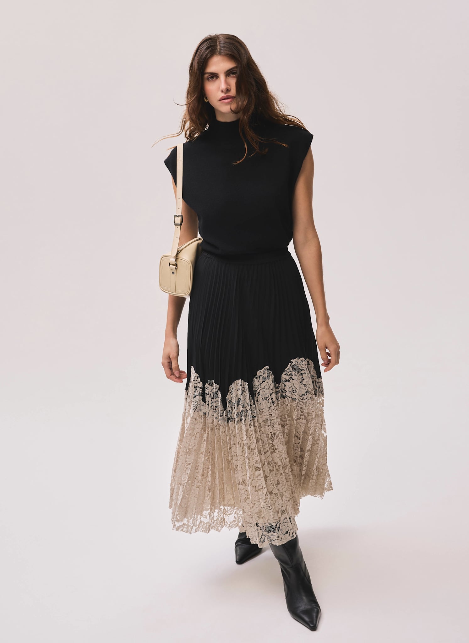Black Pleated Lace Hem Midi Skirt