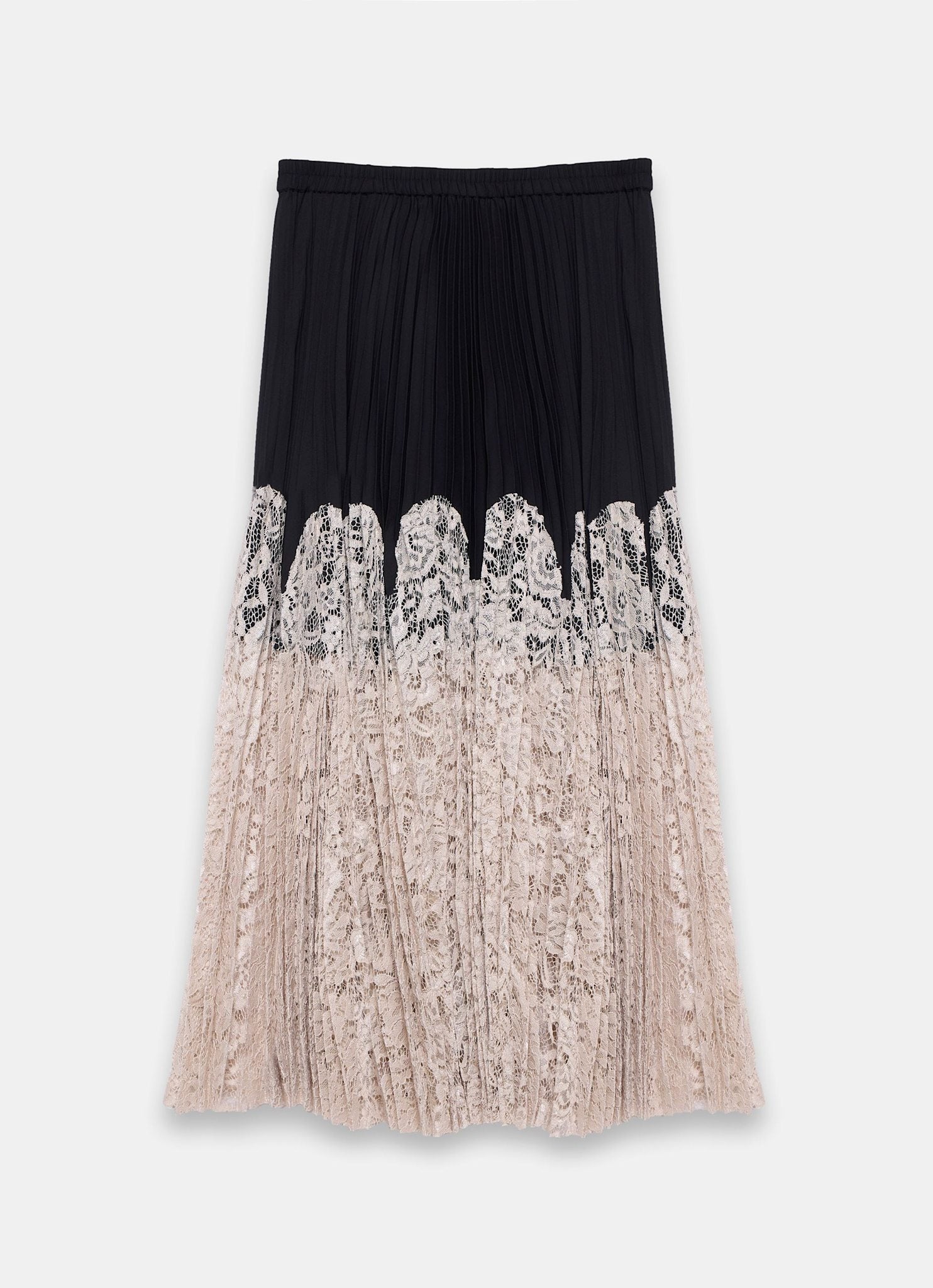 Black Pleated Lace Hem Midi Skirt