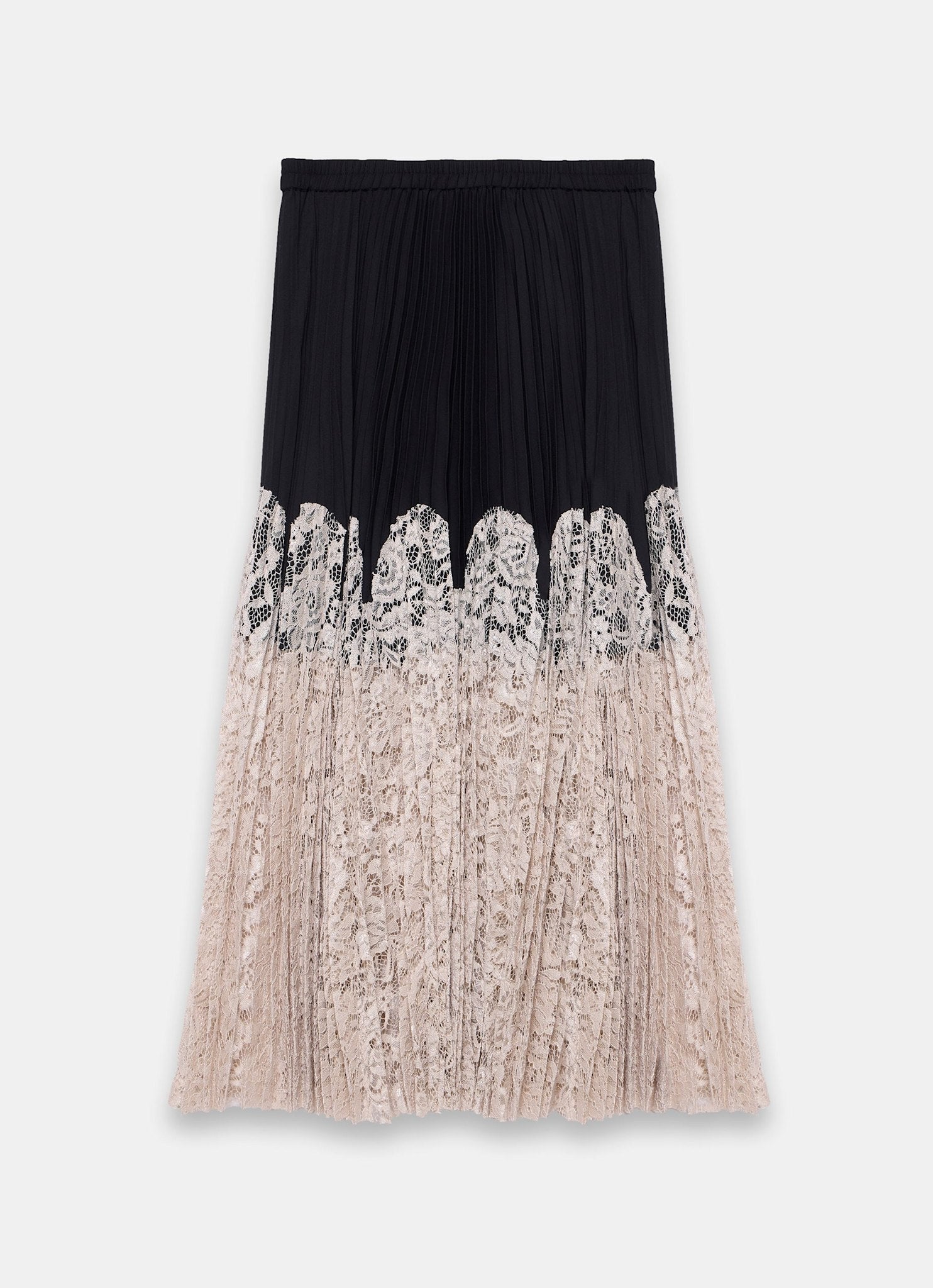 Black Pleated Lace Hem Midi Skirt