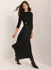 Black Pleated Asymmetric Midi Dress