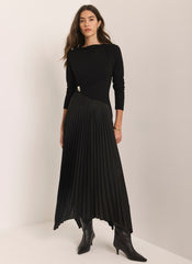Black Pleated Asymmetric Midi Dress