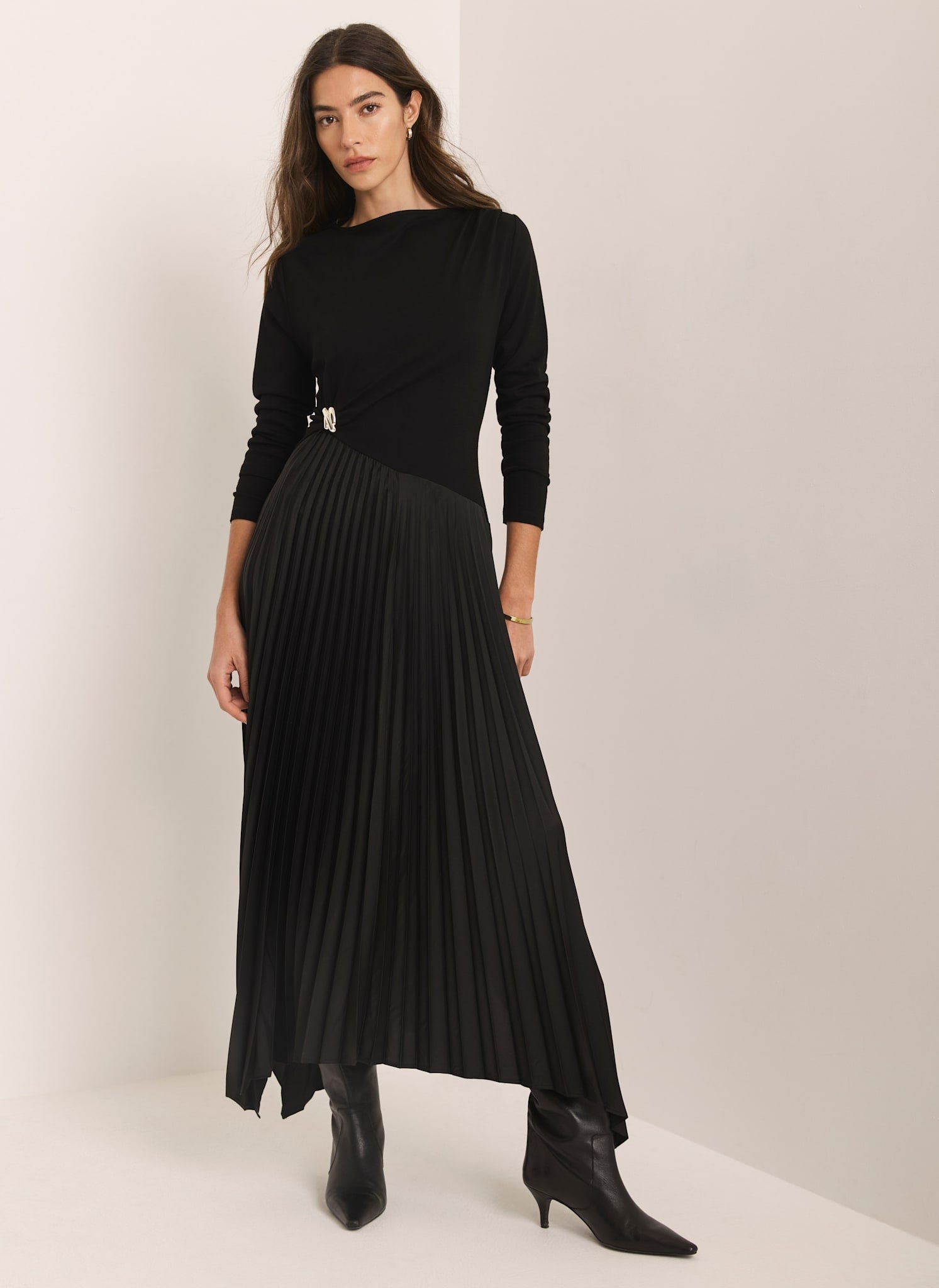 Black Pleated Asymmetric Midi Dress