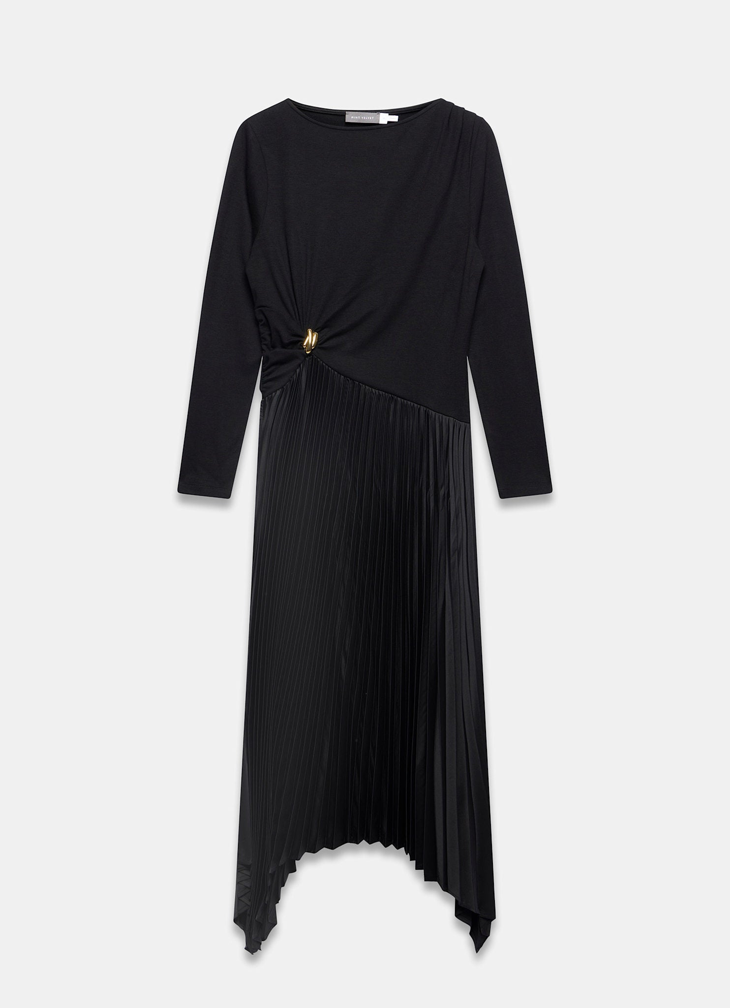 Black Pleated Asymmetric Midi Dress