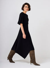 Black Rib Knit Asymmetric Dress