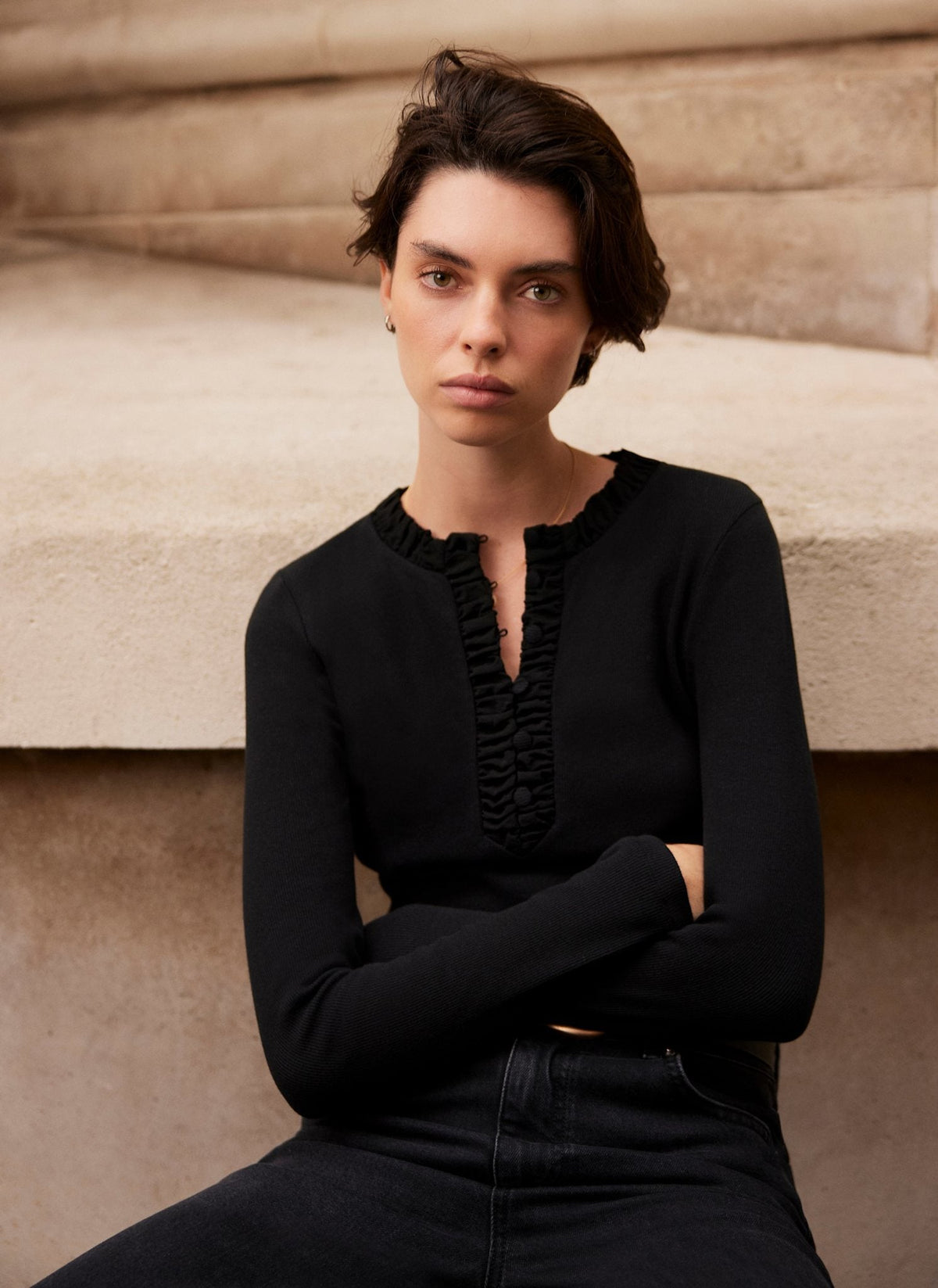 Black Ruched Cotton Blend Henley Top