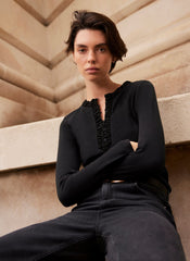 Black Ruched Cotton Blend Henley Top