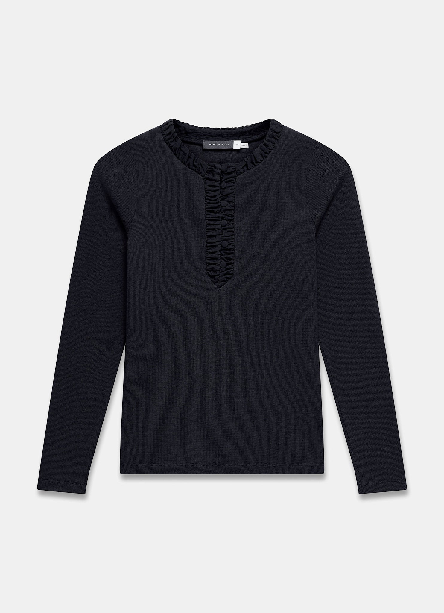 Black Ruched Cotton Blend Henley Top