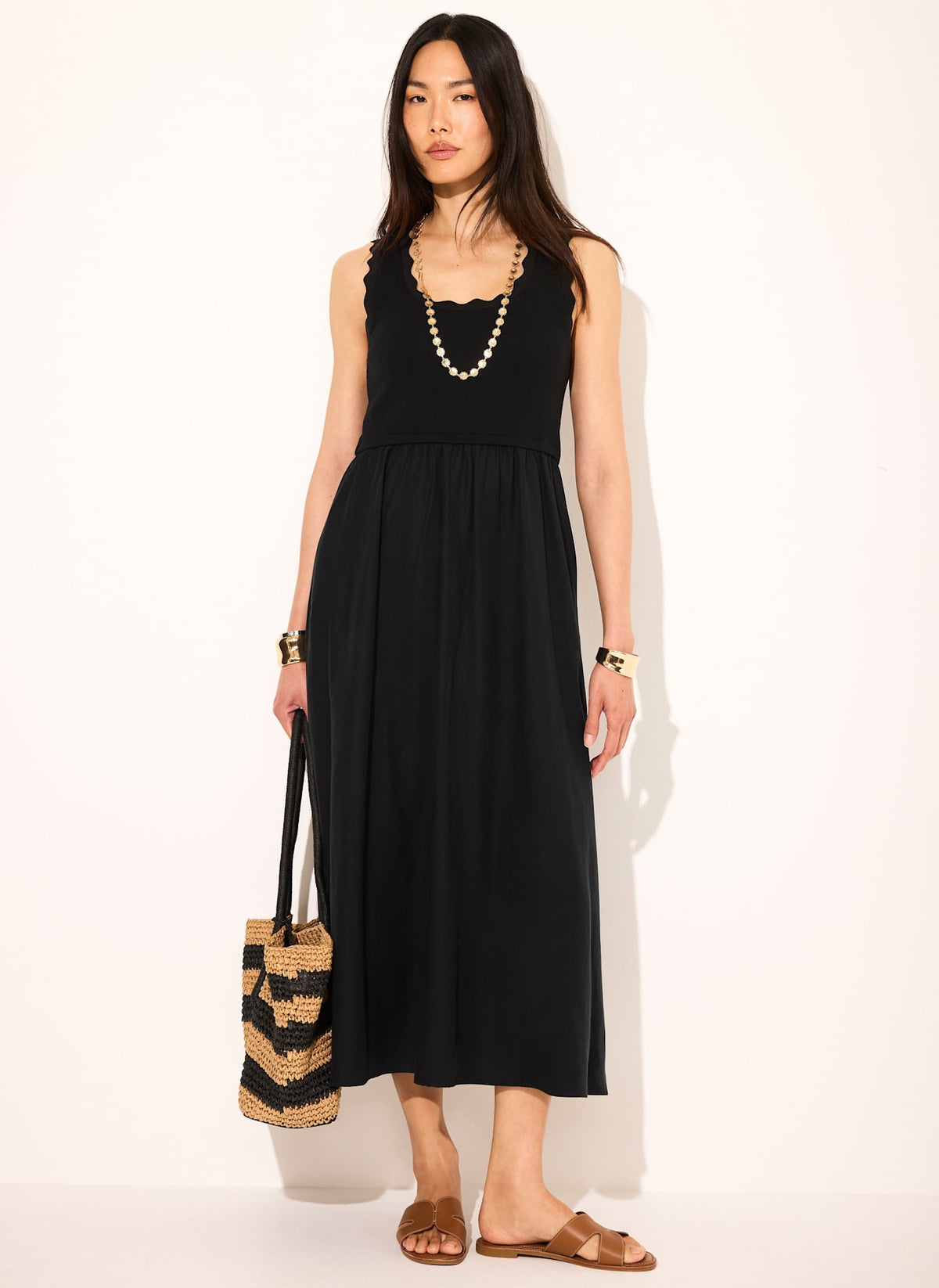 Black Scallop Trim Midi Dress