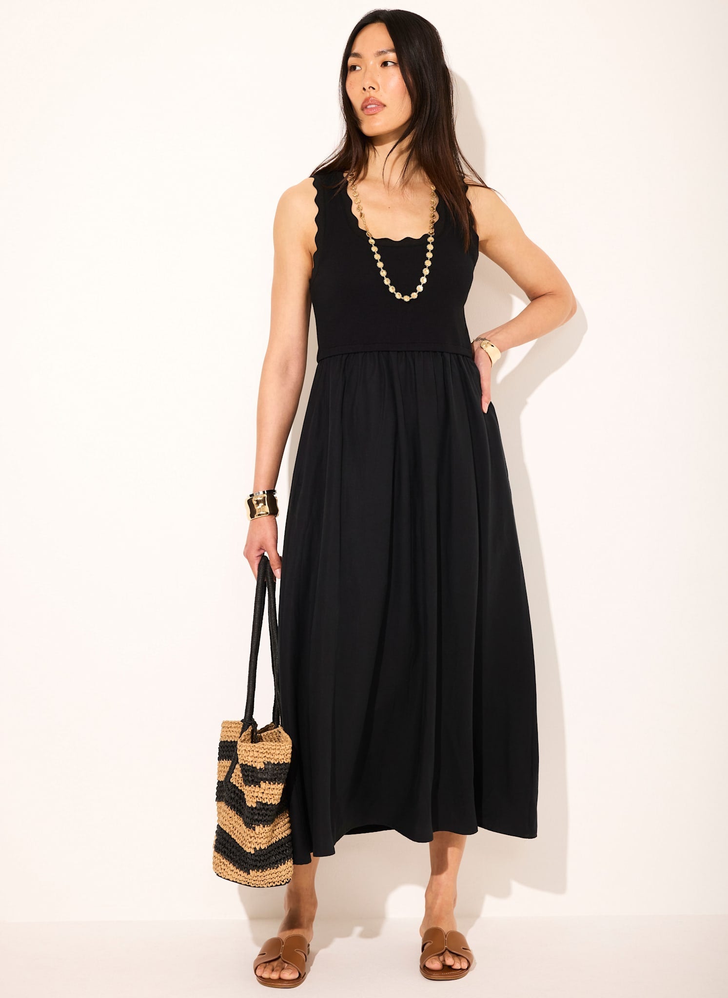 Black Scallop Trim Midi Dress