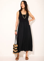 Black Scallop Trim Midi Dress