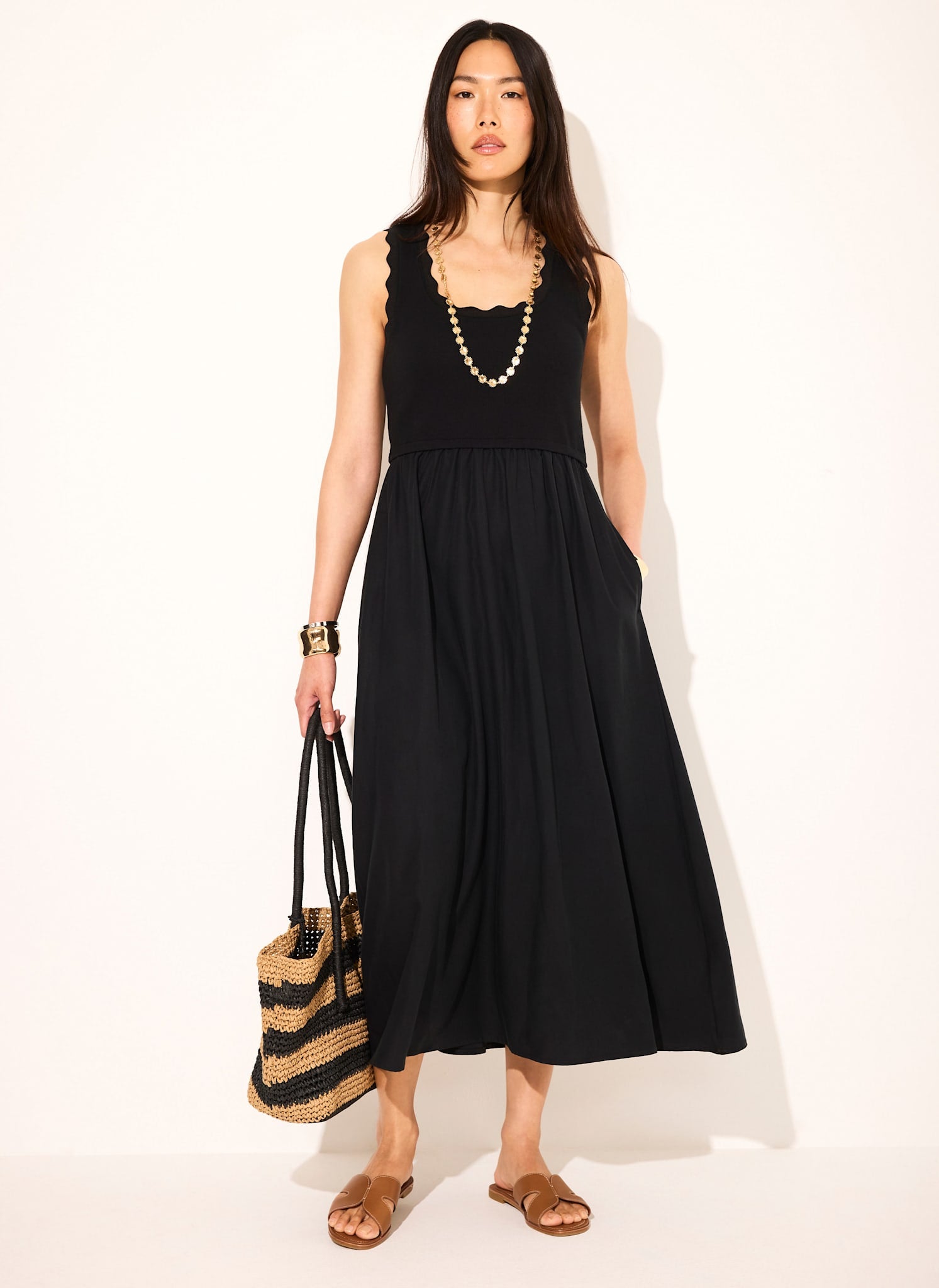 Black Scallop Trim Midi Dress