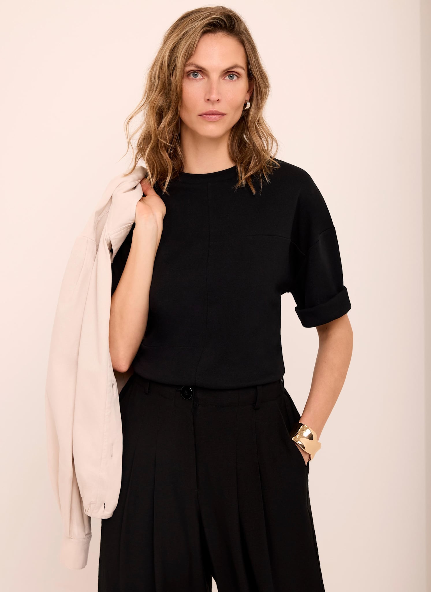 Black Cotton Seam Detail T-shirt