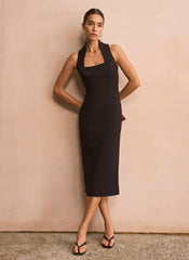 Black Sleeveless Fitted Midi Dress