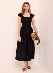 Black Cotton Blend Textured Midi Dress