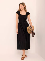 Black Cotton Blend Textured Midi Dress