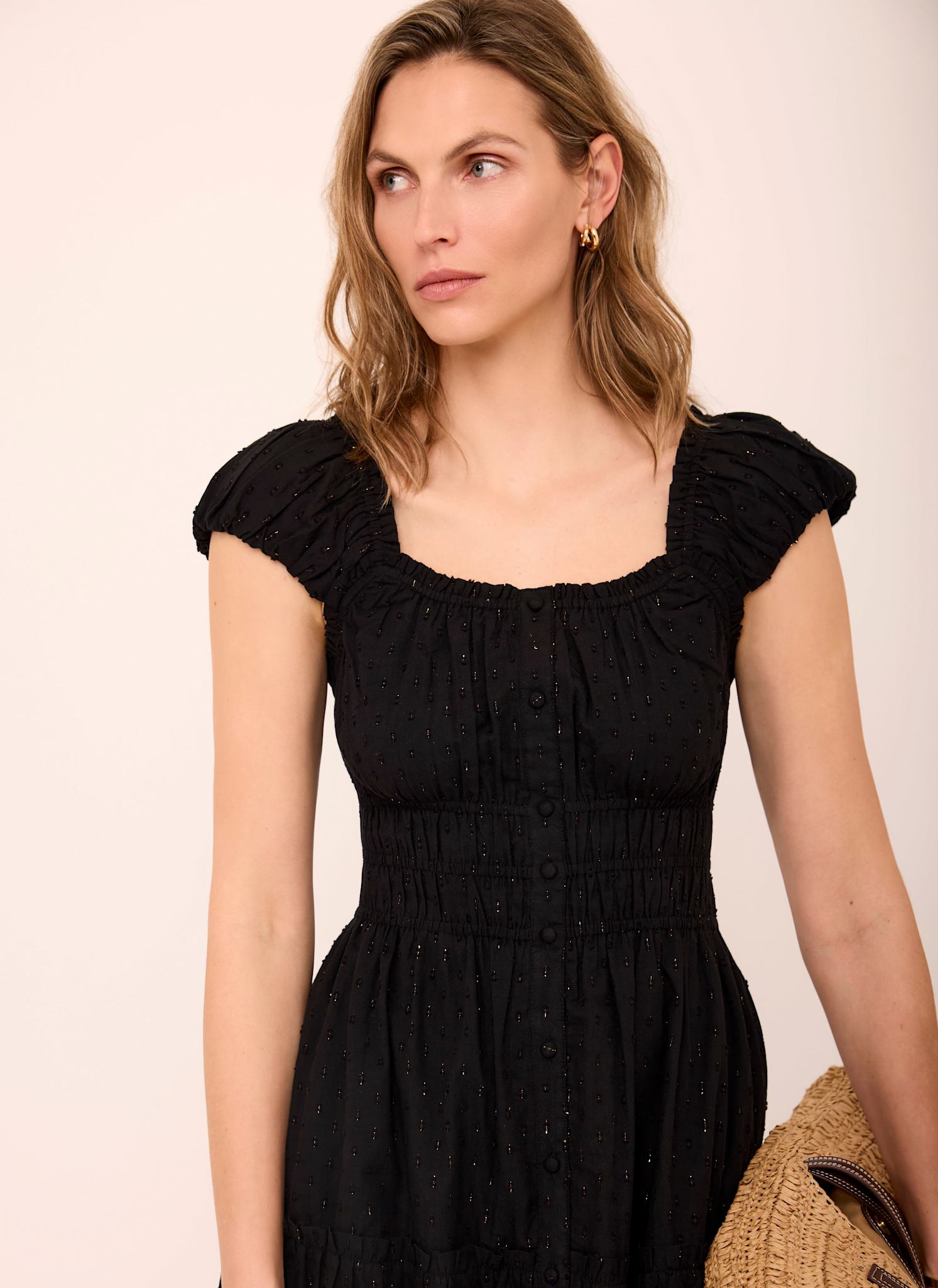 Black Cotton Blend Textured Midi Dress