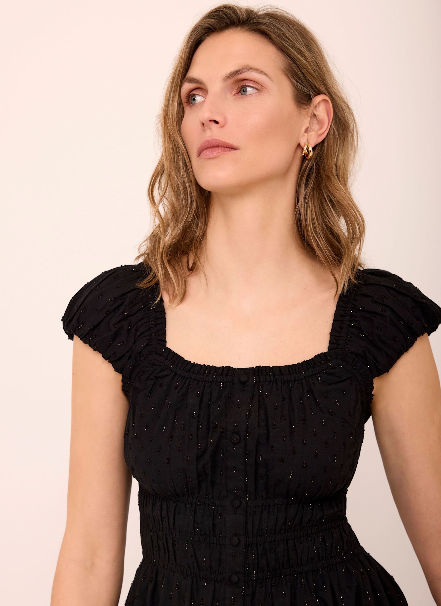 Black Cotton Blend Textured Midi Dress