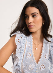 Blue Cotton Broderie Striped Top