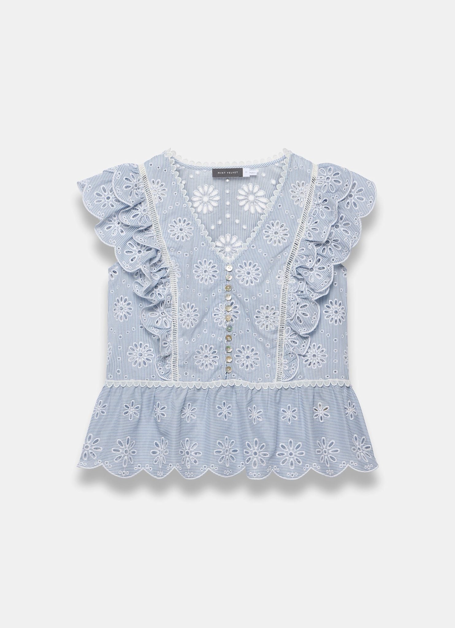 Blue Cotton Broderie Striped Top